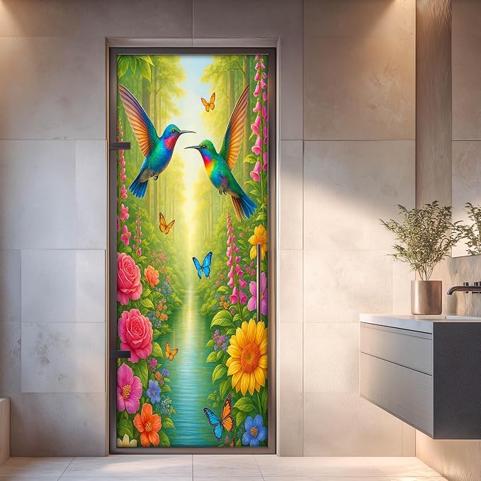 HOMETITUTE Hummingbird Flower Forest Nature Peel Stick Door 30.3x78.7 PVC | Wall Cover Poster Decals Removable Wallpaper Self Adhesive Livingroom Bedroom - Flower Forest - Image 4