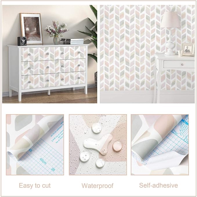 17.3in X32.8ft Boho Peel and Stick Wallpaper Pink Checkered Contact Paper Neutral Geometric Wall Paper Modern Self Adhesive Removable Wallpaper for Bathroom Kitchen Cabinet Waterproof Vinyl Roll - Image 2