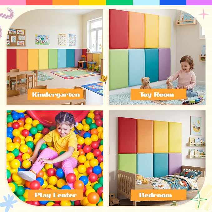 Hahafelt Wall Padding for Playroom Peel and Stick Headboard 3D Anti Collision Upholstered Wall Panels Self Adhesive Headboard(23.62 "× 11.81""× 1.18",Rainbow Colors,8 Pack) - Image 5