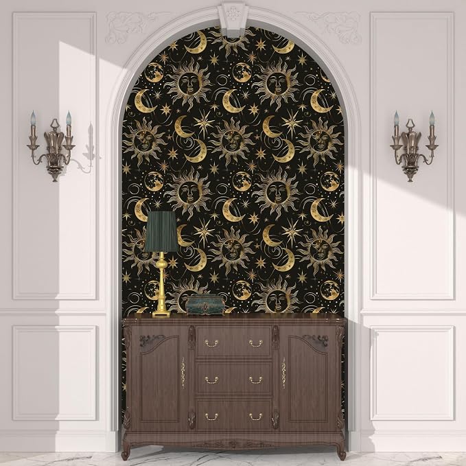 Laatse Celestial Sun Moon Wallpaper Peel and Stick 17.5"x 393",Black/Golden | Self Adhesive/Removable/Waterproof/Thick Vinyl Contact Paper for Bathroom Bedroom Shelf Cabinet Drawer,Prepasted,Easy Peel - Image 6