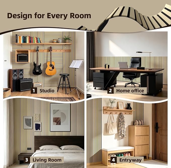Vieshful 4-Pack Acoustic MDF Wood Slat Wall Panels for Flat & Curved Walls | 23.6"x47.2" Sound Absorbing Wall Panels for Living Room, Columns, TV Wall & Interior Decor, Natural Oak - Image 5
