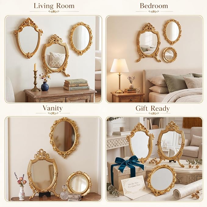 Kathfly 6 Pack Vintage Gold Mirror for Wall Gold Antique Wall Hanging Mirrors for Bedroom Decorative Resin Frame Baroque Style Assorted Sizes Tabletop Tray for Gallery Home Living Room Decor (Round) - Image 4