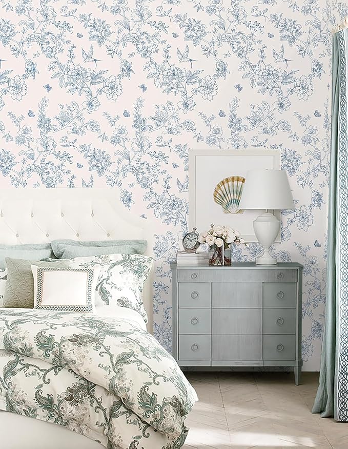 Froluya Cream White and Blue Peel and Stick Wallpaper Floral Contact Paper | 17.7in×590.5in Blue Floral Wallpaper Peel and Stick Vintage Flower Bird Self Adhesive Removable Wall Paper for Bathroom Vinyl - Image 8