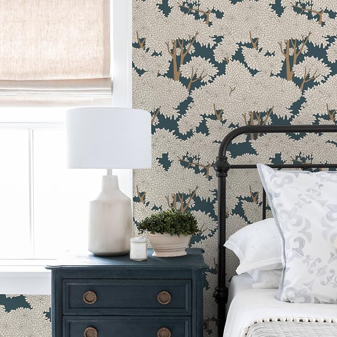 Vintage Teal Forest Jungle Tree Peel and Stick Wallpaper Waterproof Woodland Botanical Decor Wall Mural for Bathroom Bedroom Home Wall Decoration 17.7" x 78.74" - Image 2