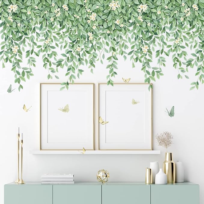 Green Leaf Wall Decals Hanging Vine Wall Sticker Plant Flower Wall Decal Butterfly DIY Removable Wall Stickers Peel and Stick Art Murals for Bedroom Living Room Kids Nursery - Image 3