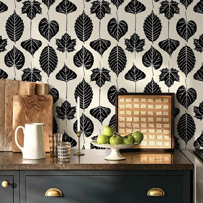 Dimoon Modern Peel and Stick Wallpaper Black and Cream Leaf Contact Paper Botanical Wallpaper Vintage Renter Friendly Removable Geometric Wall Paper for Bedroom Kitchen Textured 17.3''x78.7'' by DIYYOURMOON