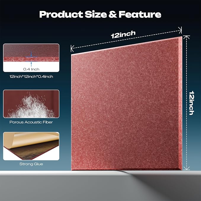 Sonicism 12 Pack Acoustic Wall Panels with Self-Adhesive, 12" X 12" X 0.4" Sound Proof Foam Panels, Decorative Soundproof Wall Panels, Sound Proof Absorbing Tiles for Home & Offices, Red - Image 4