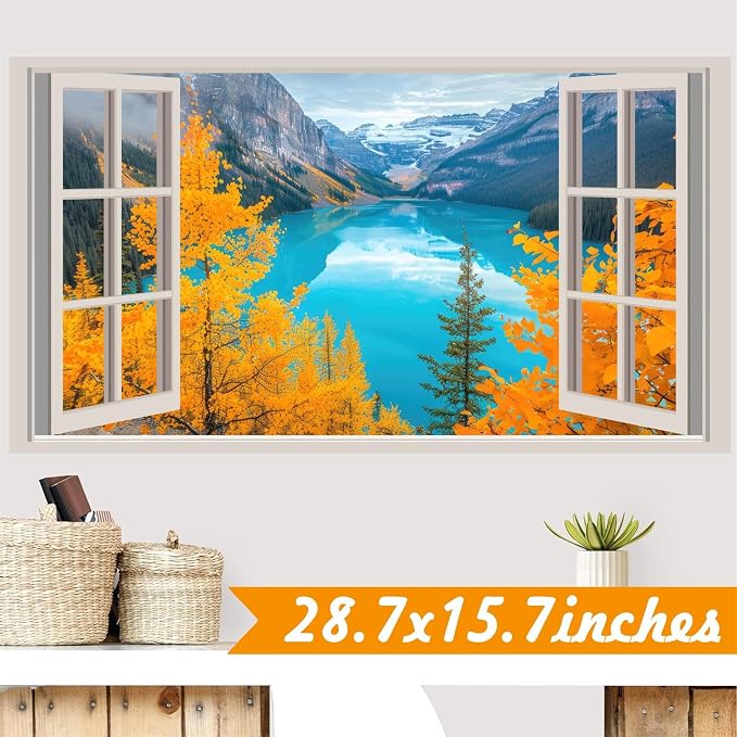 3D Nature Fake Windows Wall Decals Autumn Forest Tree Wall Art Murals Decal Peel and Stick Fall Mountain Lake Sticker Faux Window Landscape Poster Pictures Decals for Bedroom Office Kitchen - Image 9