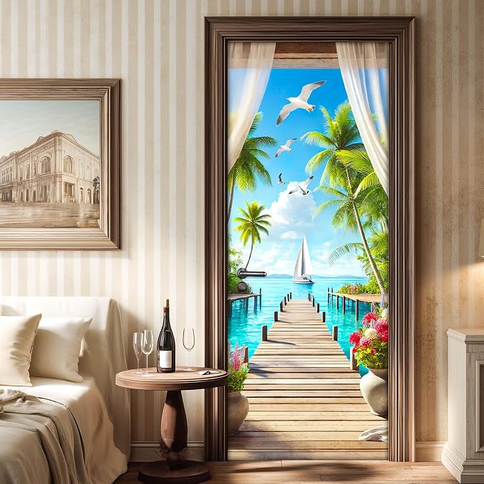 HOMETITUTE Tropical Seaside Sailboat Palm Peel Stick Door 30.3x78.7 PVC | Wall Cover Poster Decals Removable Wallpaper Self Adhesive Livingroom Bedroom Office - Tropical Path - Image 6