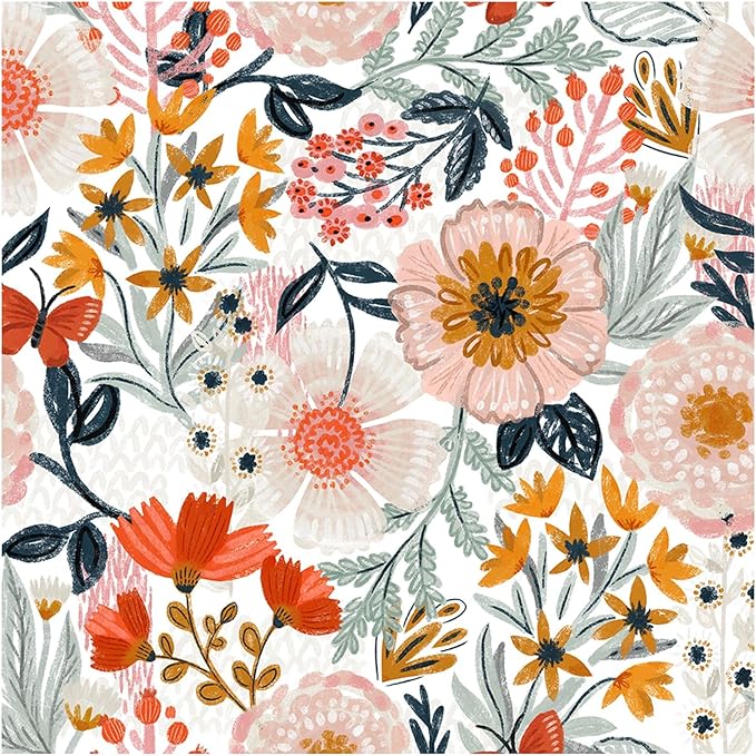 HAOKHOME Pink Floral Wallpaper Peel and Stick Botanical 17.3in x 32.8ft | Textured Boho Wall Paper Modern Renter Friendly Removable Flower White Orange Stick on Mural Bathroom Bedroom Accent Decor by HAOKHOME