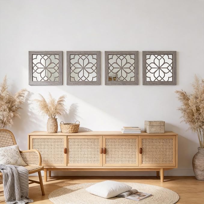 Set of 2 14 Inch Square Maroon Window Pane Wall Mirrors, Shatterproof Rustic Farmhouse Boho Vintage Accent Mirrors for Living Room Bedroom Bathroom Entryway - Image 7