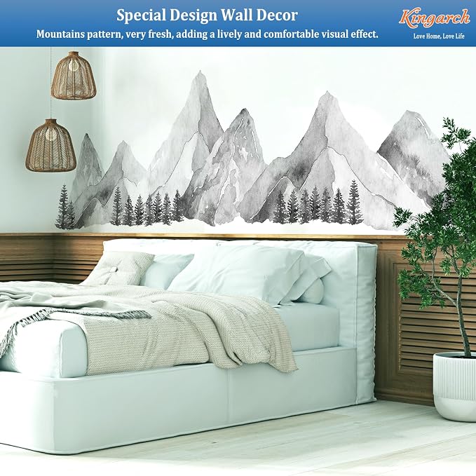 Large Mountain Wall Decals, Gray Pine Tree Peel and Stick Vinyl Wall Stickers & Murals, Removable Home Room Wall Decor for Bedroom Living Room Bedroom Classroom Office Nursery - Image 2