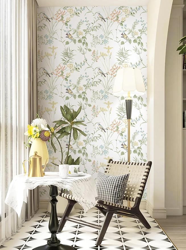 Erfoni Boho Floral Peel and Stick Wallpaper Green Floral Birds Wallpaper | 16.9" x197" DIY Self Adhesive Wallpaper Removable Wallpaper for Accent Wall Decor Modern Flower Leaf Contact Paper Vinyl Roll - Image 8