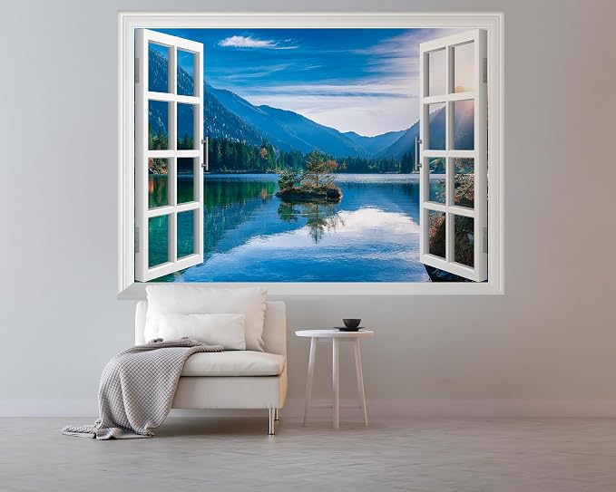 FLFK Fake Window Wall Mural - Mountain Lake Faux Window Wall Decal for Wall Decor, Peel and Stick Wall Sticker,80"x60",Set of 5 Sheets - Image 5