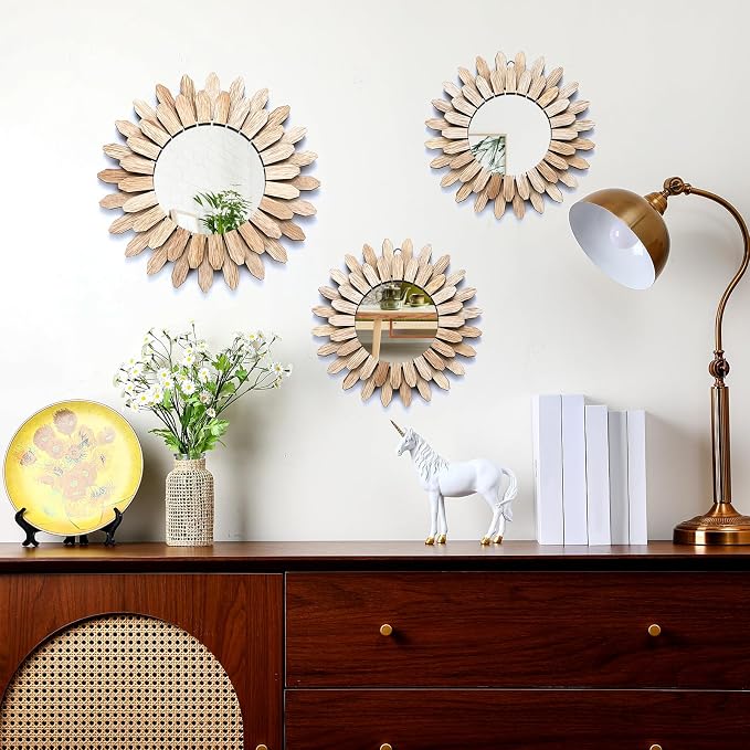 Fourluoo 3 Pack Boho Wall Decor Mirror Wood Sunburst Mirror Rustic Farmhouse Wall Art Decor for Room Home Living Room Bedroom Entryway - Image 2