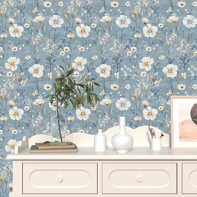 Laatse Vintage Floral Wallpaper Peel and Stick 17.5" x 118",Blue/White | Self Adhesive/Removable/Waterproof/Thick Vinyl Contact Paper for Bathroom Bedroom Shelf Cabinet Drawer,Prepasted,Easy Peel - Image 2