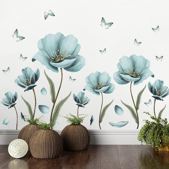 8 Sheets Creative Blue Flowers Wall Decal DIY Removable Painted Butterflies Wall Sticker Romantic Painting Art Mural Vinyl Peel and Stick for Home Living Room Bedroom Office Bathroom Wall Decoration by LiveGallery