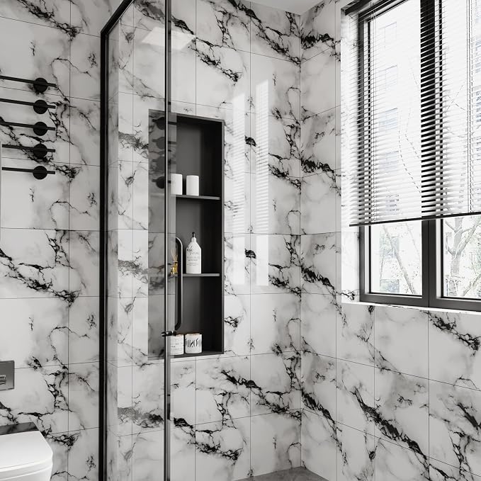 20pcs Ink White Marble Peel and Stick Shower Wall Panels 11.8"x11.8" | (Total 19.4 Sq.Ft.) Waterproof,Backsplash Tile,Stick on Wall,for Bathroom,Bedroom,Kitchen,Entryway - Image 2