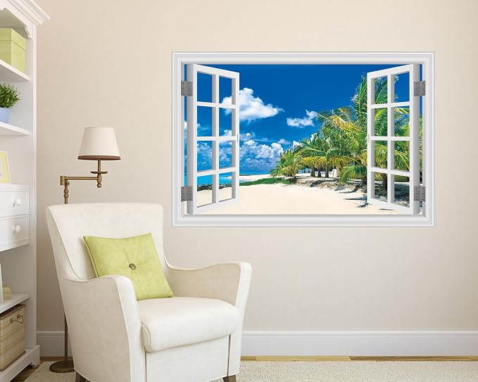 FLFK Fake Window Wall Sticker, White Frame Tropical Beach Scene, Peel and Stick Removable Wall Decal, Paradise Ocean View with Palm Trees, 48 x 32 Inches, Modern Style, Indoor Use - Image 6