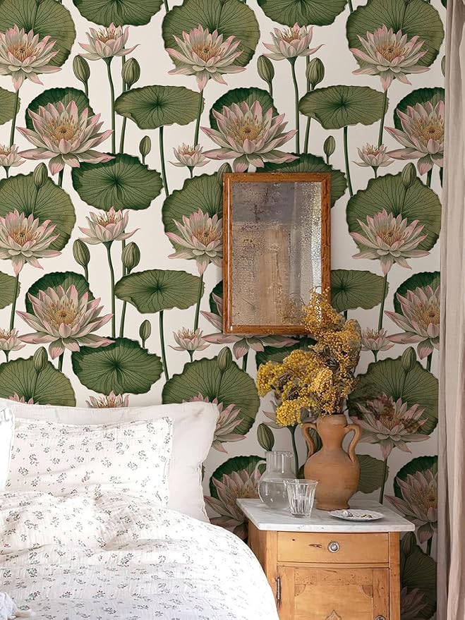 Orainege Floral Wallpaper Peel and Stick Floral Contact Paper Boho | 16.9inx118.1in Lotus Flower Wallpaper Removable Self Adhesive Wall Paper for Bedroom Cabinets Decorative - Image 2