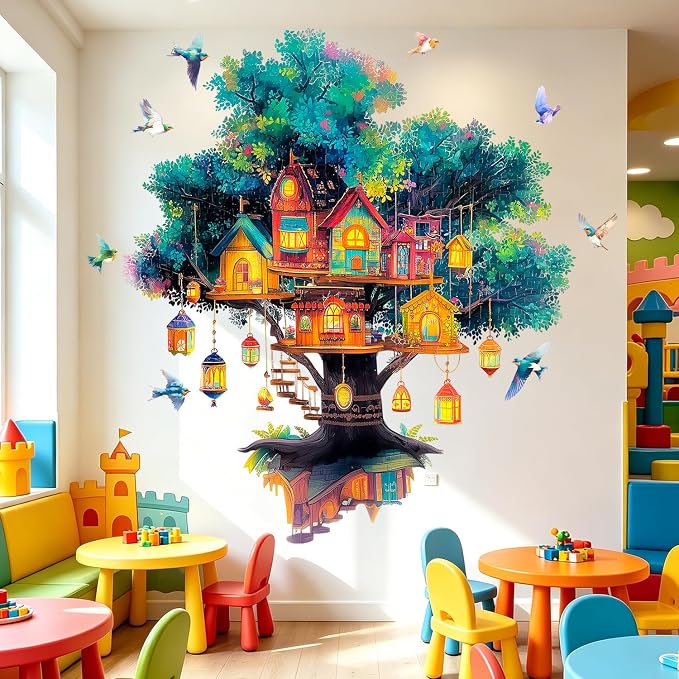 Magical Tree House Village Wall Decals Lanterns Birds Kids Nursery Decor | Peel and Stick Branches Wall Stickers & Murals, Removable Vinyl Home Decor Art for Bedroom Living Room Classroom Office - Image 7