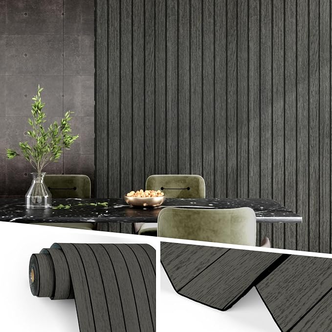 Wallercity Black/Grey Wood 3D Wall Panels Peel and Stick Faux Wooden Slat Wall Paneling Flexible Wood Panel Self Adhesive Foam Slat Acoustic Panels for Interior Walls Bedroom Living Room 11.8"x118" by Wallercity