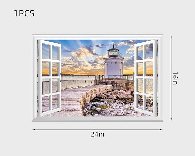 FLFK Fake Window Wall Sticker - Shoreline Lighthouse Faux Window Wall Mural for Wall Decor, Stick and Peel Wall Decals,24"x16" - Image 2