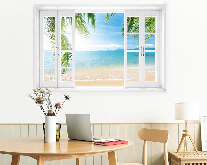 FLFK Fake Window Wall Mural - Tropical Ocean View Peel and Stick Decal, 48 x 32 inches, Set of 2 Sheets - Image 5