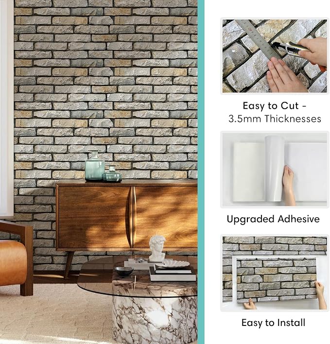 Commomy Peel and Stick Faux Stone 3D Wall Panels 12 pcs of 22.8" x 11.8" | Thin & UrltraLight PVC Printable Brick Wall Panels for Bedroom,Living Room,TV Background (Covers 22.48 sq.ft) - Image 5