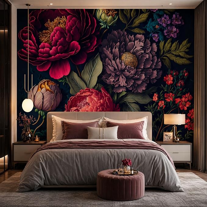 MFWFM Floral Peel and Stick Mural Wallpaper Dark Peony Botanical Wall Mural | 137"x96", for Bedroom Living Room Bathroom, Self Adhesive Canvas by MFWFM