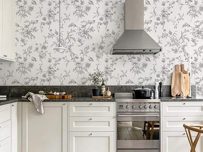 Ismoon Peel and Stick Wallpaper Floral Vintage Stick on Wall Paper Black and White Contact Paper for Cabinet French Textured Removable Self Adhesive Wallpaper Vinyl for Bedroom Wall Deco 17.3 x 393in - Image 5