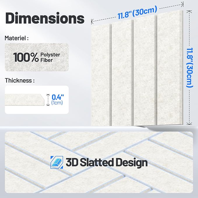 20 Pack Sound Proof Foam Panels for Walls, Acoustic Panels Self-Adhesive | 12" X 12" X 0.4" Slatted Soundproof Wall Panel, High Density Sound Absorbing Panel for Gaming Recording Studio Decor-Ivory - Image 7