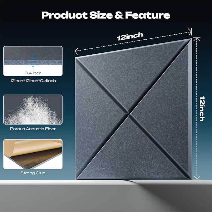 Sonicism 22 Pack X-Lined Acoustic Panels with Self-Adhesive, 12"X 12"X 0.4" Sound Proof Foam Panels, Decorative Soundproof Wall Panels, Sound Absorbing Tile for Home & Offices, Gray - Image 2