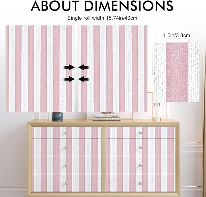 Pink Stripe Peel and Stick Wallpaper A Set of 15.7" x 472" Pink and White Self-Adhesive Wallpaper Removable Waterproof Contact Paper for Cabinets,Bedroom,Nursery,Accent Wall - Image 5