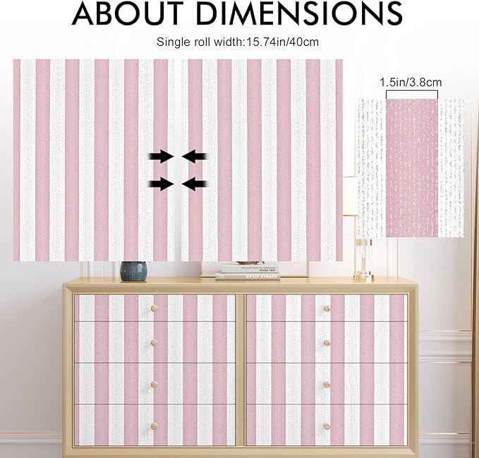 Pink Stripe Peel and Stick Wallpaper A Set of 15.7" x 1181" Pink and White Self-Adhesive Wallpaper Removable Waterproof Contact Paper for Cabinets,Bedroom,Nursery,Accent Wall - Image 5