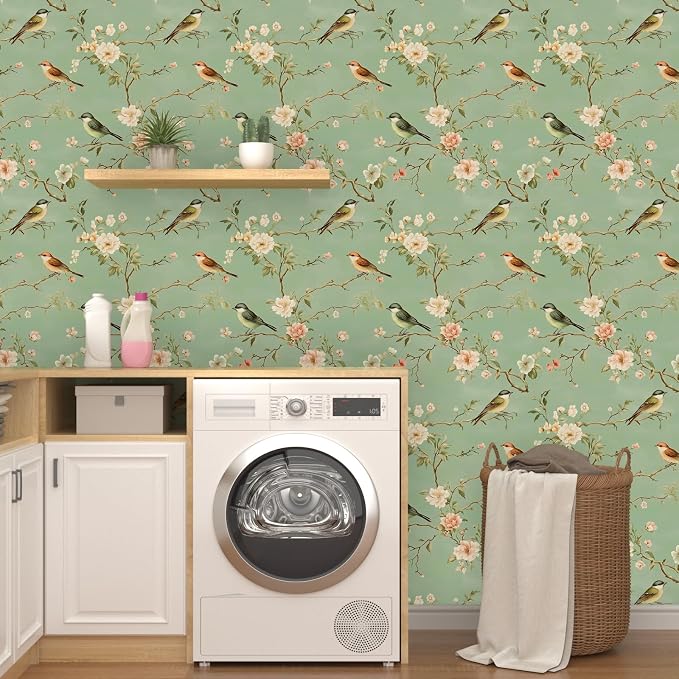 Laatse Vintage Floral Bird Wallpaper Peel and Stick 17.5" × 118", Green | Self Adhesive/Removable/Waterproof/Thick Vinyl Contact Paper for Bathroom Bedroom Shelf Cabinet Drawer,Prepasted,Easy Peel - Image 3