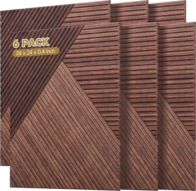 Acoustic Wall Panels,6 Pack,23.6"x23.6",Red Sandalwood | Peel and Stick Wall Panels,Decorative 3D UV Printing with Wood Print,High-Density 100% Polyester Fiber Sound Absorbing Panels by AUTORIFIC