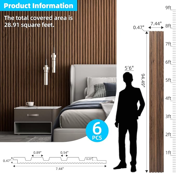 Art3d Wood Slat Wall Panels, Fluted MDF, 6-Pack, 94.6 x 7.4 in,Walnut | 3D Textured Panels for Accent Walls, Ideal for Living rooms, Bedrooms, Offices, Entryways and Studios - Image 5
