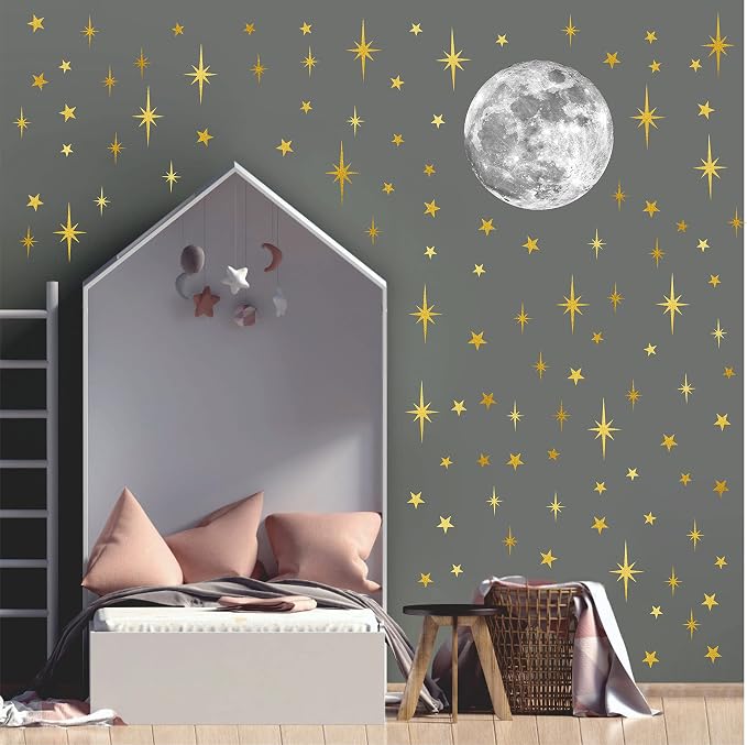 Retro Starburst Wall Decals Stars Wall Sticker Star Moon Vinyl Decal Golden | Celestial decor, sparkle wall stickers decoration, peel and stick, removable art mural, for girls bedroom living room nursery - Image 9