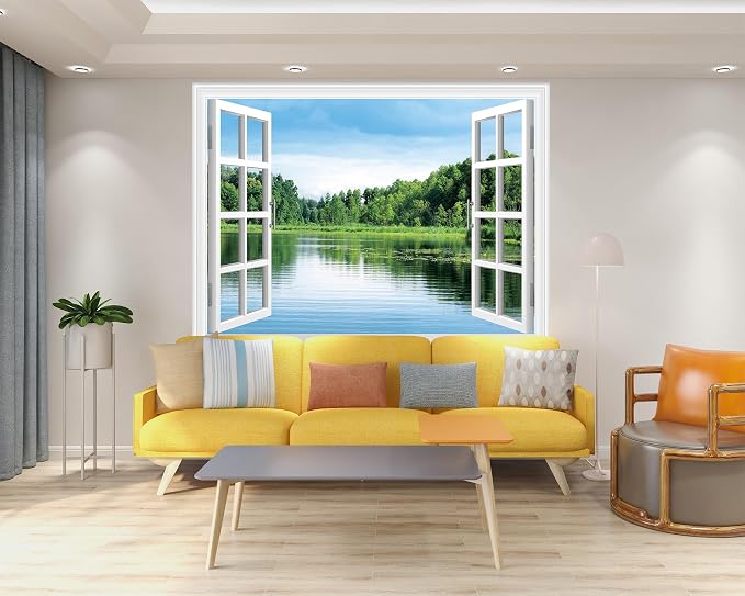 FLFK Fake Window Wall Sticker, Lake Forest Nature View Peel and Stick Mural, White Frame, Self-Adhesive Removable Decal, 80 x 60 Inches, Easy Peel and Stick, for Home, Office, Bedroom Decor - Image 4