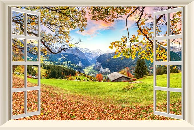 Fake Window Wall Decal- Fall Mountain Tree Grassy Hills Open Wall Sticker | Faux Window Autumn Mountain Rustic Hut Natural Landscape Mural｜Stick and Peel Wall Decals｜Room Decor｜48"x32",Set of 2 Sheets by Clickhere