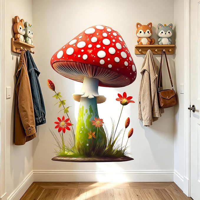 Red Mushroom Wall Decals Peel and Stick Self Adhesive Nursery Decor Art | Flowers Grass Wall Stickers for Kids Room Nursery Baby Bedroom Playroom, Whimsical Forest Wall Art for Toddler Boys Girls - Image 7