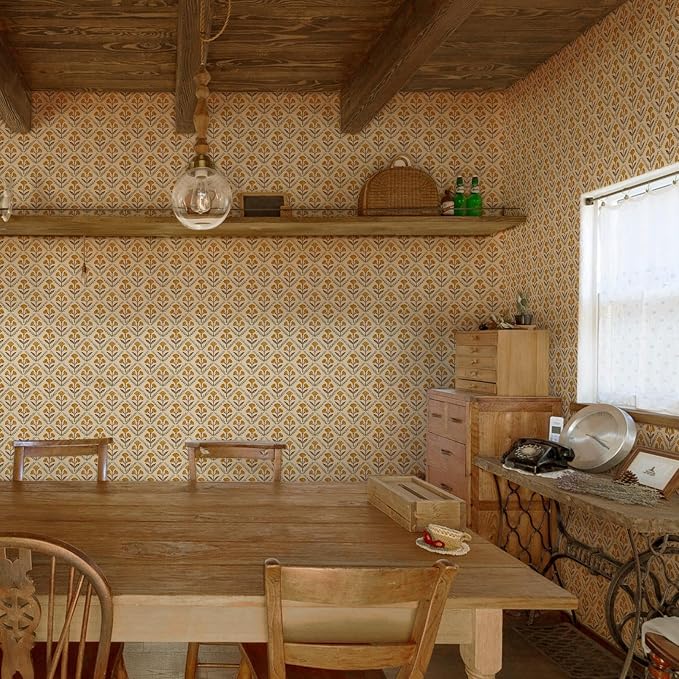 Dimoon 17.3''x78.7'' Peel and Stick Wallpaper Floral Cute Contact Paper Vintage Village Country Cottage Wallpaper Farmhouse Yellow Beige Renter Friendly Geometry Waterproof Embossed Kitchen Bedroom - Image 7