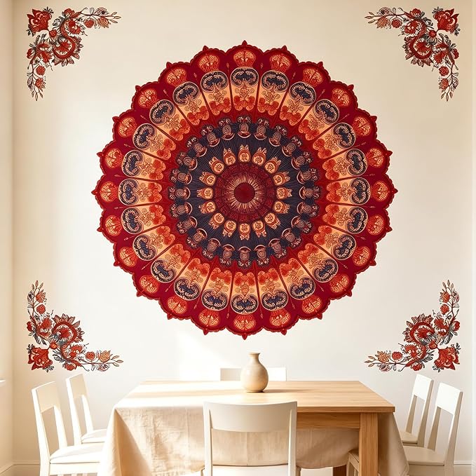 Vintage Boho Red Mandala Wall Decals, Floral Flowers Wall Stickers | Flowers bohemia‌ indian symmetric peel and stick wall decor, removable vinyl wall art mural for bedroom living room classroom - Image 6