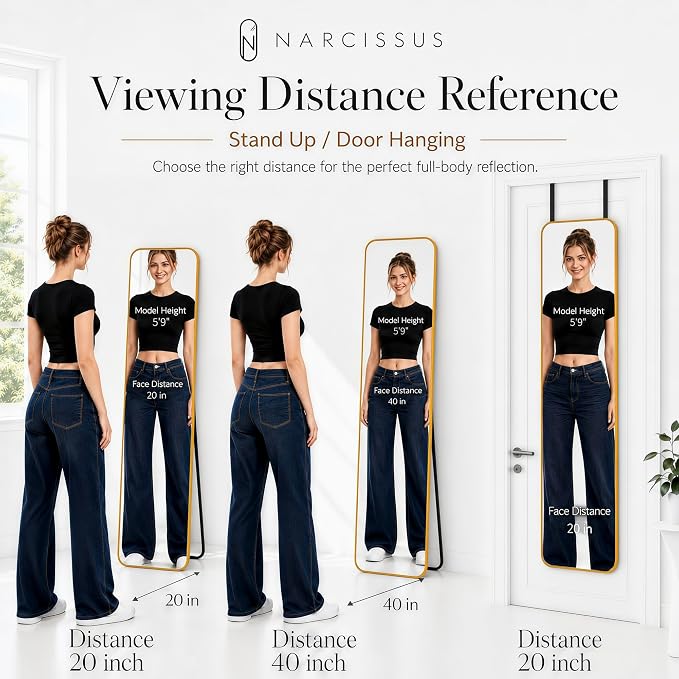 NARCISSUS Full Length Mirror 57x16 Inch, Over The Door Mirror with Stand, Wall Mounted or Freestanding/Door Hanging Full Body, Aluminum Alloy Frame, Gold - Image 6