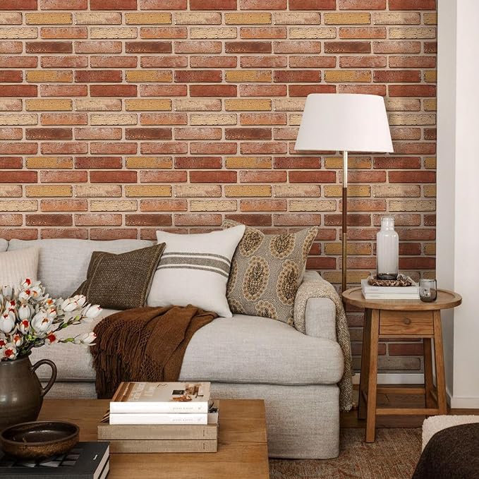 COMSTICKC 3D Faux Brick Wall Panels Peel and Stick Decorative Tiles | 10 Pcs 15.7" x 11.8", Yellow-toned Red, Not Real Brick, Ultra-Light Thin PVC 3D Fake Brick Sticker Wallpaper,Cover 12.9 sq ft - Image 2