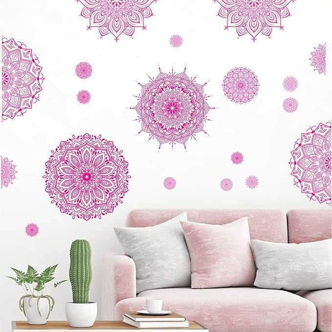 Large Mandala Wall Sticker Peel and Stick Pink Lotus Flower Wall Decals Mandala Floral Window Clings Stickers Modern Headboard Decor Mandala Wall Art Decal for Bedroom Living Room Yoga Decoration by Kazova