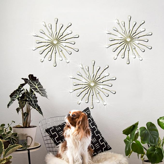 ZEXUIRU 3 Set Gold Starburst Wall Art for Home Decor Metal Bling Crystal Rhinestones Sunburst Wall Decor Sparkling Rhinestone Art Accent Gold - 18in by ZEXUIRU
