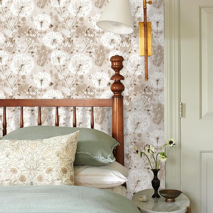 Nukofal Floral Peel and Stick Wallpaper Dandelion for Cabinet 16.9"x118.1" | Vintage Floral Contact Paper Brown Wallpaper Peel and Stick Waterproof Self Adhesive Removable for Cabinet Bedroom Decorative - Image 2