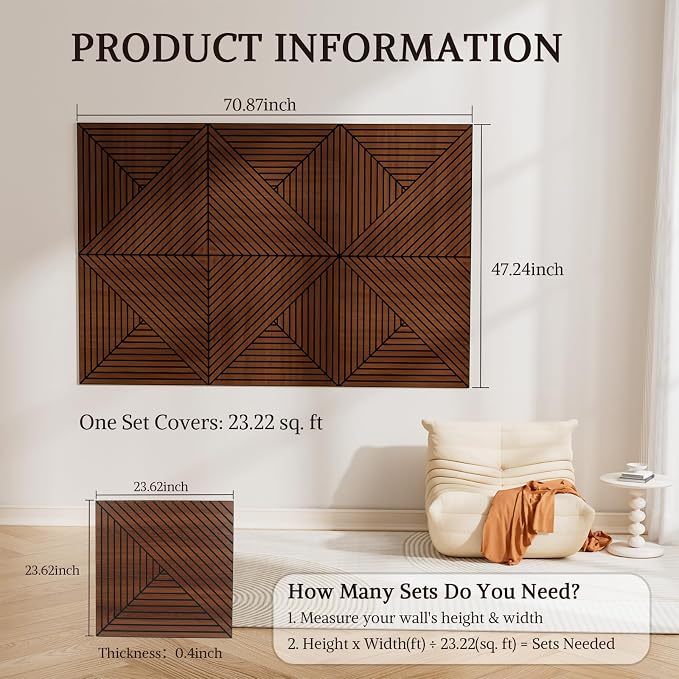 Acoustic Wall Panels, 6 Piece 23.62"X 23.62" PVC Peel and Stick Wall Panels | High-Density Polyester Fiber Self Adhesive Soundproofing for Interior Wall Décor, Recording Studios, Walnut - Image 2
